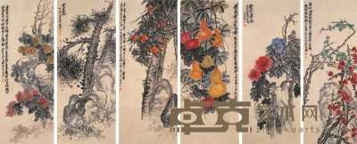 吴昌硕（款） 花卉 六屏 132×53cm×6